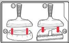 Diagram showing two mechanical components with numbered parts and red arrows indicating motion or force direction.