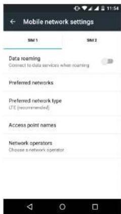 Mobile network settings SIM 1 SIM 2 Data roaming Connect to data services when roaming Preferred networks Preferred network type LTE (recommended) Access point names Network operators Choose a network operator