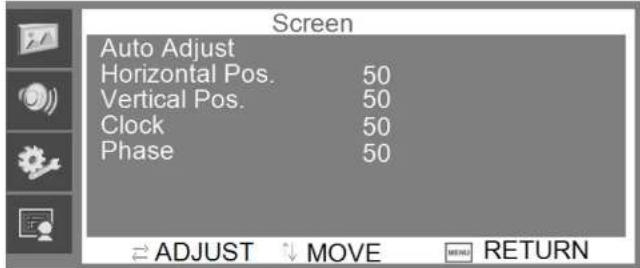 Screen Auto Adjust Horizontal Pos. 50 Vertical Pos. 50 Clock 50 Phase 50 ADJUST ↓ MOVE ⬤️ RETURN