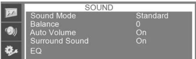 SOUND Sound Mode Standard Balance 0 Auto Volume On Surround Sound On EQ