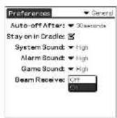 SONY Clié PEG-N760C - Turning on or off the Beam Receive feature - 1