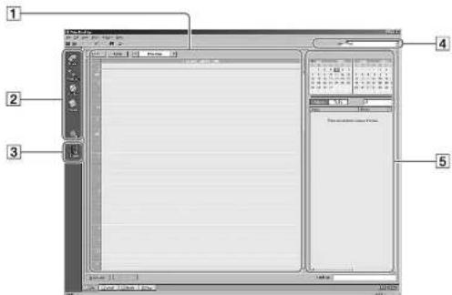 Screenshot of a legacy software interface with labeled components, showing tool panels, status bar, and status bar layout.