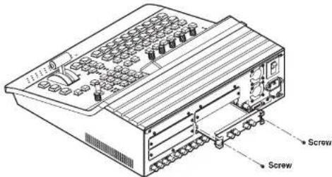 Technical diagram of an electronic device with labeled screw ports and control panel