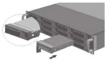 3D diagram of a server rack with multiple drive bays and a zoomed-in cable (no text or labels)