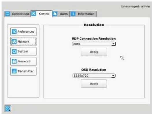 Unmanaged: admin Connections Control Users Information Preferences Network System Password Transmitter Resolution RDP Connection Resolution Auto Apply OSD Resolution 1280x720 Apply