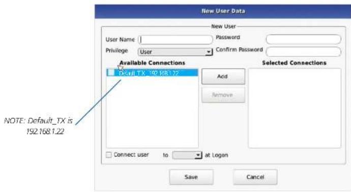 New User Data User Name: Password Privilege User Confirm Password Available Connections Default_TX_192.168.1.22 Add Remove Selected Connections NOTE: Default_TX is 192.168.1.22 Connect user to at Logan Save Cancel