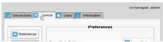 Unmanaged: admin Connections Control Users Information Preferences
