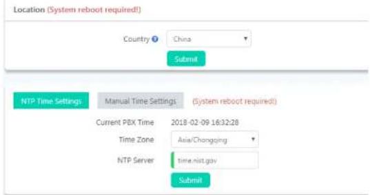 Location (System reboot required) Country China Submit NTP Time Settings Manual Time Settings (System reboot required) Current PBX Time 2018-02-09 16:32:28 Time Zone Asia/Changing NTP Server time.nit.gov Submit