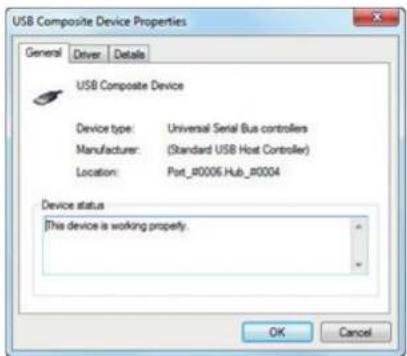 USB Composite Device Properties General Driver Details USB Composite Device Device type: Universal Serial Bus controllers Manufacturer: (Standard USB Host Controller) Location: Port_0006.Hub_0004 Device status This device is working properly. OK Cancel