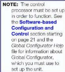 NOTE: The control processor must be set up in order to function. See the Software-based Configuration and Control section starting on page 21 and the Global Configurator Help file for information about Global Configurator, which you must use to set up the unit.