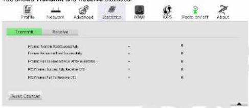 Profile Network Advanced Statistics WWW VIPS Radio to/off About Transmit Receive Photo Network Status: 000000000 Frame Presetected by Security Frame Fail to Receive TCP after reception RT Frame Successful, Receive CTG RT Frame Fail to Receive CTG Reset Coupon