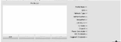 Profile List Profile Name:** 220:** Network Type:** Authentication:** Encryption:** 100000:** 140000:** Channel:** Power Supply Mode:** 850000:** Fragment Status:>