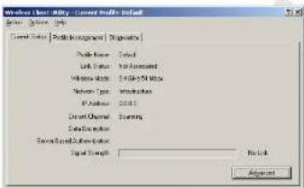 Windows User Utility - Current Profile Default General Options Help Current Profile Properties Settings Improvements Node Name: Selected Link Status: Not Associated Network Address: 341-624-5000 Network Type: Networkline IP Location: 00000 Current Channel: Scanning Data Extraction Current Based Analysis Value: Signal Strength: No. 1/2 Appointments