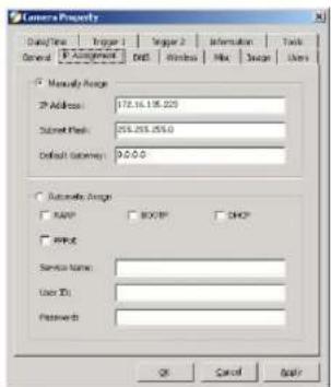 Camera Property Design Time Trigger 1 Trigger 2 Information Tools General IP Assignment DNS Windows Max Design Users Manually Image IP Address: 172.16.135.220 Submit Mask: 255.255.255.0 Default Gateway: 90.00 Automatic Image RAPP BOX/XP SHOP WRITE Service Name: User ID: Passwords: OK Cancel Apply