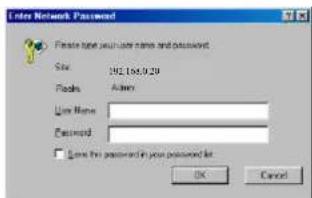 Enter Network Password Please note your user name and password. Size: 192.156.0.29 Plads: Active Live Name: Password: □ None for password in your password list OK Cancel