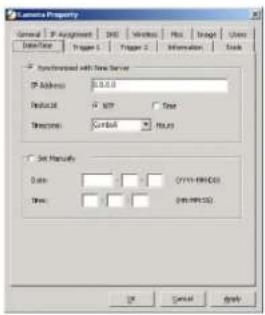 Camera Property General 1 IP Assignment 240 Wireless Host Script Users Data Type Project 5 Project 2 Information Book Synchronized with Data Server IP Address: 0.0.0.0 Data: IPT Control Parameters Control Set Manuals Date: C:\WINDOWS\CD Time: C:\WINDOWS\CD OK Cancel Apply