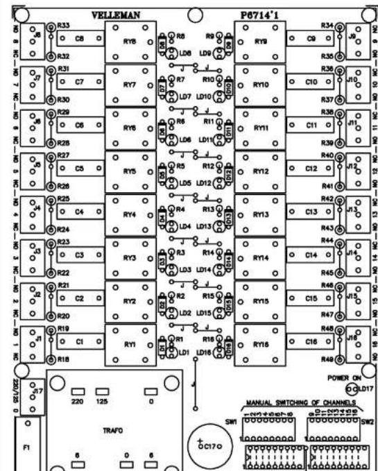 VELLEMAN P6714'1 R33 C8 R32 R31 C7 R30 R29 C6 R28 R27 C5 R26 R25 C4 R24 R23 C3 R22 R21 C2 R20 R19 C1 R18 J17 Z20 125 TRAF0 F1 R8 R9 LD8 LD9 R7 R10 LD7 LD10 R6 R11 LD6 LD11 R5 R12 LD5 LD12 R4 R13 LD4 LD13 R3 R14 LD3 LD14 R2 R15 LD2 LD15 R1 R16 LD1 LD16 RY8 RY7 RY6 RY5 RY4 RY3 RY2 RY1 RY0 RY8 RY9 RY10 RY11 RY12 RY13 RY14 RY15 RY16 RY170 POWER ON GOLD17 SWI SW2