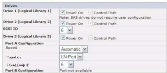 Drives Drive 1 (Logical Library 1) □ Power On □ Control Path Note: SAS drives do not require user configuration Drive 2 (Logical Library 2) □ Power On □ Control Path SCSI ID 6 ▼ Drive 3 (Logical Library 3) □ Power On □ Control Path Port A Configuration Speed Automatic ▼ Topology LN-Port ▼ FC-ALLoop ID 6 ▼ Port B Configuration Port not available