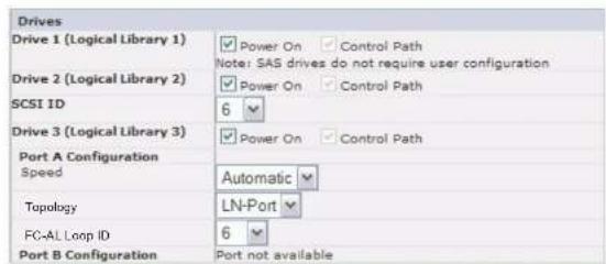 Drives Drive 1 (Logical Library 1) □ Power On □ Control Path Note: SAS drives do not require user configuration Drive 2 (Logical Library 2) □ Power On □ Control Path SCSI ID 6 ▼ Drive 3 (Logical Library 3) □ Power On □ Control Path Port A Configuration Speed Automatic ▼ Topology LN-Port ▼ FC+AL Loop ID 6 ▼ Port B Configuration Port not available