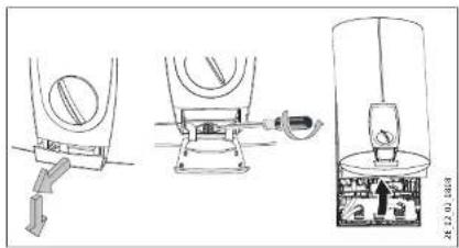 Technical diagram showing three-step installation of a mechanical device with labeled components and a magnified view.