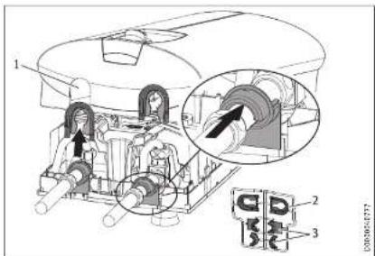 Technical diagram of a mechanical assembly with labeled components and an inset close-up view showing internal components.