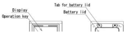 Display Operation key Tab for battery lid Battery lid