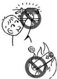 Hand-drawn cartoon illustrating safety measures with a child and two figures, one pointing at a target while the other focuses on fire.
