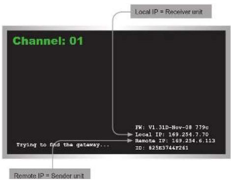 Local IP = Receiver unit Channel: 01 FW: V1.31D-Nov-08 779c Local IP: 169.254.7.70 Remote IP: 169.254.6.113 ID: 825E3744F261 Trying to find the gateway... Remote IP = Sender unit
