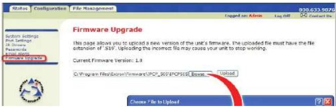 Firmware Upgrade This page allows you to upload a new version of the Unit's firmware. The uploaded file must have the file extension of .SIF. Uploading the incorrect file may cause your unit to stop working. Current Firmware Version: 1.0 C:\Program Files\Exxon\Firmware\UPCP_803\PCPSOS\Base Upload Choose File to Upload