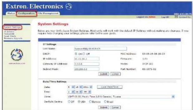 Extron. Electronics Status: Configuration: File Management Log(s) or Address: Log UI: 25 Connected to System Settings Below any user Unit's basic System Settings. Most units will work with the default IP Settings without making any changes. If you require help changing new settings, please refer to the user profile. IP Settings Unit Name: Connectable IP-06-01-CP DHCP: On Off MAC Address: 00-05-A4-06-JB-CP IP Address: 11.1.1.0.1 Filmage: 1.01 Gateway IP Address: 3.0.0.0 Mode: 3TCP-503 Submit Mask: 255.255.0 Part Number: 60-1071-02 SUBIE CENS Date/Time Settings Date: 6 16 2011 Local Date/Time Time: 2 28 34 39 Term: (SHT-26.00) Pacific Time (LS & Canada, USA) Derivative Setting: Off USA Economy Brazil Submit Cancel