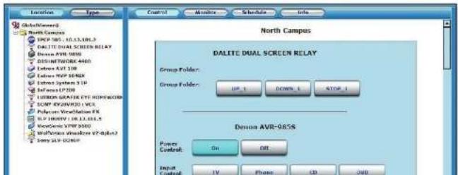 Location Type Control Monitor Schedule Info North Campus DALITE DUAL SCREEN RELAY Group Folder: Group Folder: UP_1 DOWN_1 STOP_1 Design AVR-985S Power Control: On Off Input Control: IV Phone CD OBS