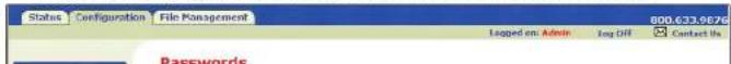 Status Configuration File Management 800.633.9876 Logged on: Admin Log Diff Contact Us Passwords