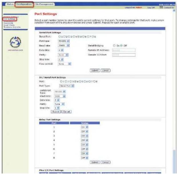 Port Settings Select a port member below to view the unit's current settings for that port. To change settings for that port, make a new selection from each of the dropdown boxes and press Submit. Repeat for each available port. Serial Port Settings Serial Port: ○1 ○2 ○3 ○4 ○5 ○6 ○7 ○8 Port type: 63-225 Serial port: 16400 Data bits: 0 % Port: None Serial Bridging: ○ On Off Remote IP Address: Remote TCP Port: Stop bit: 1 % Flow control: None Submit Cancel In / Serial Port Settings Port: ○(○)○○○○○○○○○○○○○○○○○○○○○○○○○○○○○○○○○○○○○○○○○○○○○○○○○○○○○○○○○○○○○○○○○○○○○○○○○○○○○○○○○○○○○○○○○○○○○○○ Port Type: Serial Port Serial Port Type: 16-190 Data port: 1100 Data bits: 3 Port: None Stop bit: 1 Cancel Relay Port Settings Port Status 1 Off 2 Off 3 Off 4 Off 5 Off 6 Off 7 Off 8 Off Submit Cancel Files I/O Port Settings