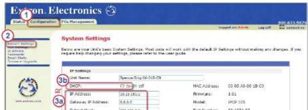 Exxon Electronics Status Configuration File Management Logged on Archive Log Off System Settings Description: your Lnd's basic System Settings. Most units will work with the default IP Settings without making any changes. If you require help changing your settings, please refer to the user guide. IP Settings Unit Name: Spencer Sip-16-05-09 DHCP: 0.0000 off HAC Address: 00.00.00.00.18 C) IP Address: 20.00.00.1 Remarks: 1.01 Gateway IP Address: 0.0.0.0 Model: IPCP 505 3a 3b 3a