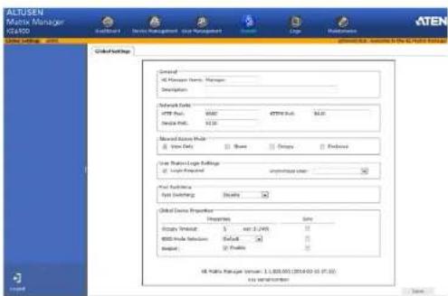 ALRUSEN Matrix Manager K14500 Network Settings Global Settings General ML Manager Tools Manager Description Network Data HTTP Pack: 9623 HTTP Pack: 9623 Network Data Mode View Data Show Display Update Use Radius Loga Settings Loga Required univariate user Find Address App Switching: Reply Global Device Properties Uniparties Size Equity Version: 1 ex 0.249 8000 Mode Services: Default Default: Default All Modules Manager Version 1.1.00.0001 (2014/01/01) (P.10) no version/number