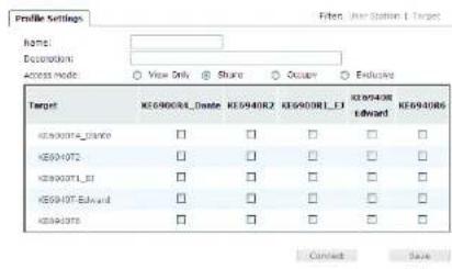 Profile Settings Name: Description: Access mode View Only Share Occupate Exclusive Target KE6940R4_Dicate KE6940R2 KE6940R1_E3 KE6940R8 EDward KE6940R6 KE6940R4_Dicate □ □ □ □ □ KE6940T2 □ □ □ □ □ KE6940T1_E3 □ □ □ □ □ KE6940T2_Eward □ □ □ □ □ KE6940T6 □ □ □ □ □ Contact Save