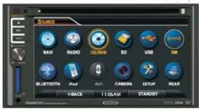 SOURCE NAV RADIO CD/DVD SD USB XM BLUETOOTH iPod AVT CAMERA SETUP REAR ←BACK 11:06AM STANDY