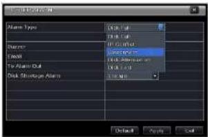 Alarm Type IP Control IP Connection USB USB Connection USB Connection Disk Protection Alarm 1.0 MPa Default Apply Cancel