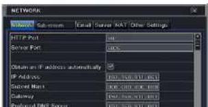 NETWORK Subnet Subnet Email Server NAT Other Settings HTTP Port Server Port Obtain an IP address automatically IP Address Secret Name Gateway Preferred DNS Server