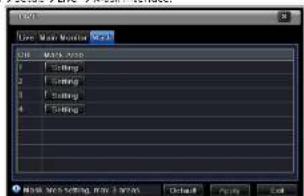 Line Main Monitor OK Match Area 1 Setting 2 Setting 3 Setting 4 Model: Not Setting, New Event Default Apply End
