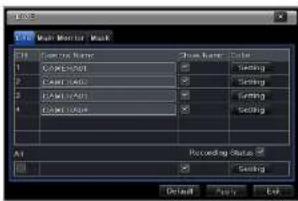Main Monitor Mask 1 Data Entry Name 2 Data Entry 3 Data Entry 4 Data Entry Name Size Button Color Setting Setting Setting Setting Setting Setting All Recording Status Setting Default Apply Help