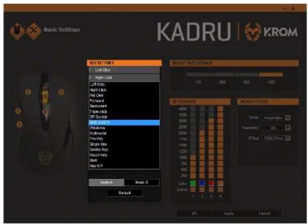 Basic Settings KADRU | KROM KEY SETTINGS Left Click Right Click Left Click Right Click Left Click Forward Backward Take click Off Switch Left Click Predicts Multifinals Fine Key Single Key Controls Key Macrokey Shift New Off OK Auto Cancel RESET INPUT SETTINGS 125 200 600 1000 OFFSETS 4000 3000 2000 1700 1500 1250 1000 750 500 250 Color Global BACKOUT EFFECT Higher: Descriptive Parameter: 68 Effect: 509 Effect