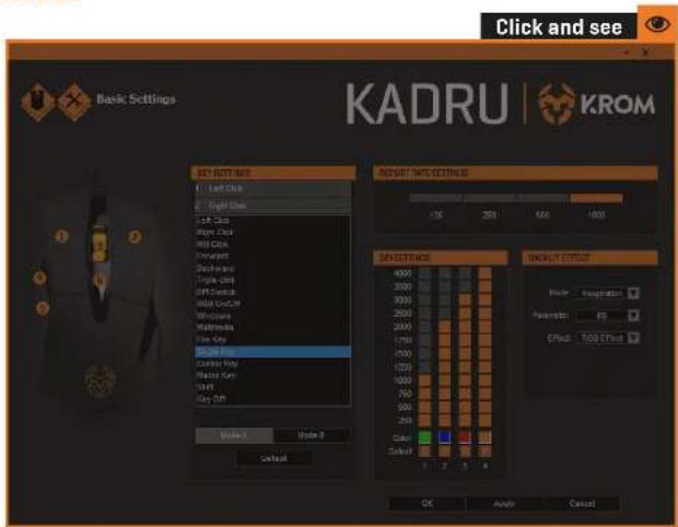 Click and see KADRU | KROM Basic Settings KEY SETTINGS Left Click Right Click OFF Click Right Click Up Click Forward Background Triple Click Shift Click Add Click Wrapboard Multivoice Free Click Close Key Current Key Next Key Start Click Key Click Value Value 0 Control RESET: ON COT SETTINGS 125 320 60 1000 SPEED: 4000 3000 3000 2000 2000 1750 1750 1500 1250 1000 750 500 250 Color Select 1 2 3 4 BACKUP EFFECT Mode Recognition Parameter: 65 Effect 100 Effect OK Apply Cancel