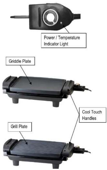 Power / Temperature Indicator Light Griddle Plate Cool Touch Handles Grill Plate