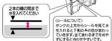 2本の橋の間まで 水を入れてください 〈シールについて〉 タンクの上方からシールを見て水 を入れると下側の▲の色が変わ- いきます。全て変わるまでをめや すにすると合わせやすいです。