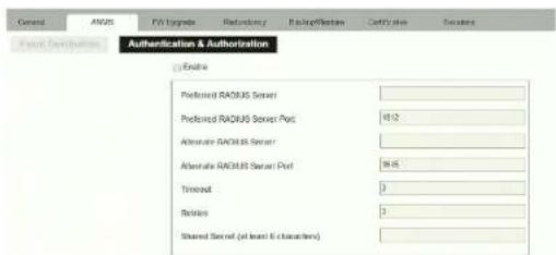 General ANSYS F5102 Defaulting BackupEthernet Certification Send Present Contributions Authentication & Authorization Exclude Preferred RADUS Server Preferred RADUS Server Port 16:2 Alternate RADUS Server Alternate RADUS Server Port 96:5 Timeout 3 Relation 3 Shared Server (all level & character)