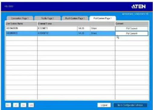 ATEN Connection Page 1 Profile Page 1 Push Center Page 1 Push Center Page 1 User System Name Channel Name Connect KE0040709 KE0040710 VALS Share PU/Control KE0060722 KE0060723 VALS Share PU/Control 12% Load Set to Configurator Window OK Cancel Help Next
