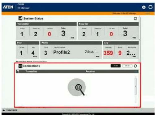 ATEN CCM V2 Manager System Status Transmitter 1 2 0 3 ... Recover 2 1 0 3 ... User Profile Log 1 4 3 Profile2 2 days ... 359 9 2... Recovery Status: Enabled Working Connections Transmitter Receiver Volat Link Connect to V2 Manager Co. Ltd.