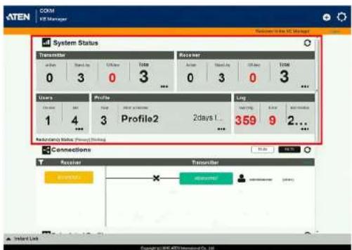 ATEN COM ATI Manager System Status Transmitter 0 3 10000000000000000000000000000000000000000000000000000000000000000000000000000000000 Receiver Aramar Stand by COM Vee 3 3 ... Aramar Stand by COM Vee 3 3 ... Status Profile 1 4 ... Profile2 359 9 2... Log Receiversification Status: Primary / Primary / Secondary Connections Receiver Transmitter Receiversification Receiversification Copyright © 2016 ATEN Incorporated Co., Ltd.