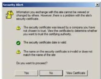 Security Alert Information you exchange with this site cannot be viewed or changed by others. However, there is a problem with the site's security certificate. The security certificate was issued by a company you have not chosen to trust. View the certificate to determine whether you want to trust the certifying authority. The security certificate date is valid. The name on the security certificate is invalid or does not match the name of the site. Do you want to proceed? Yes No View Certificate